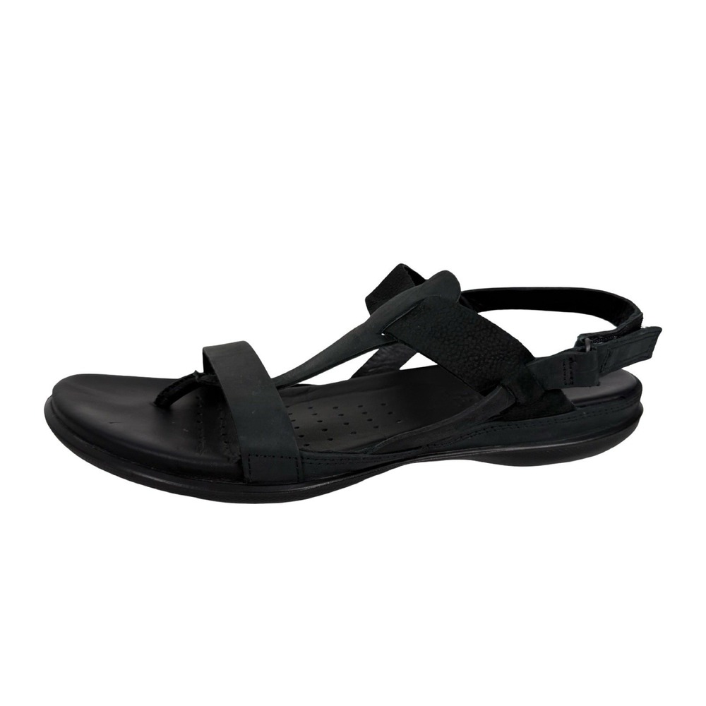 ECCO Flash Strappy Sandal Flat T-Strap Womens US 10 Black Leather Nubuck Comfort - Picture 4 of 10
